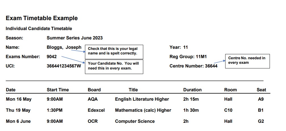 Exam timetable example Exam timetable example